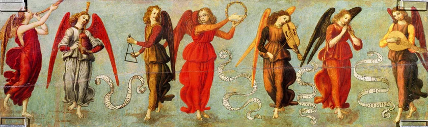 Engel spielen Musikinstrumente, ca. 1475-97